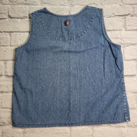 Americana Sleeveless Blue Embroidered Denim Top size Large Christopher & Banks - Picture 2 of 8